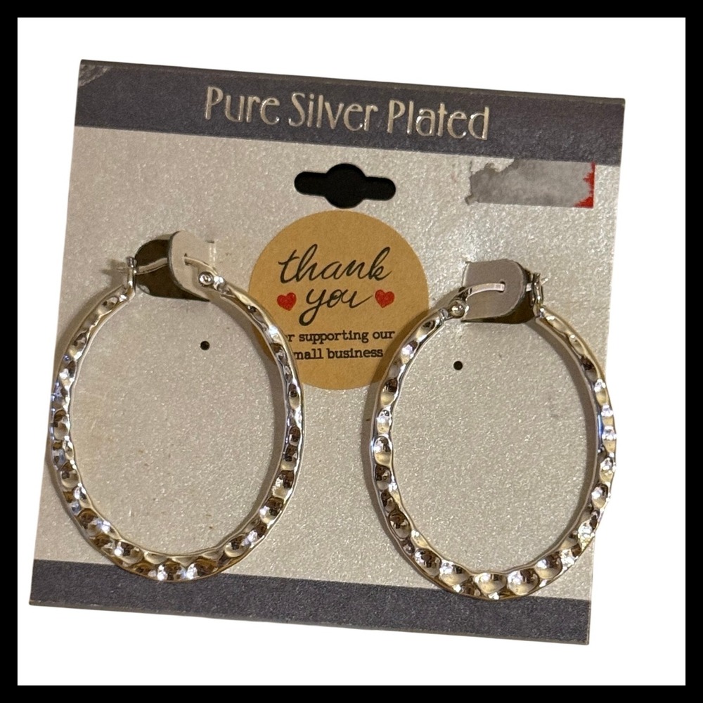 NWOT Pure Silver Plated Hoop Earrings Textured Hammered Design New on Card